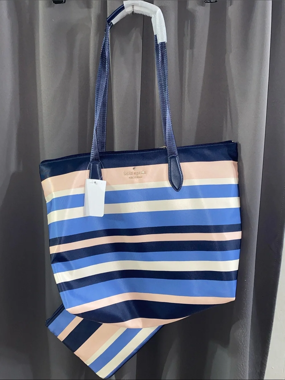 NWT kate‎ spade Navy, Light Blue & Pink Striped Shoulder Tote w /cosmetic bag